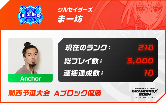 プレイヤー名 まー坊,ポジション Anchor,現在のランク 210,総プレイ数 3,000,運極達成数 10