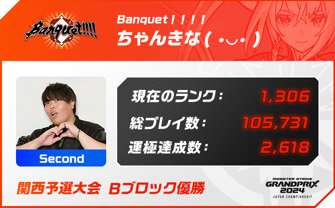 プレイヤー名 ちゃんきな( •ᴗ• ),ポジション Second,現在のランク 1,306,総プレイ数 105,731,運極達成数 2,618