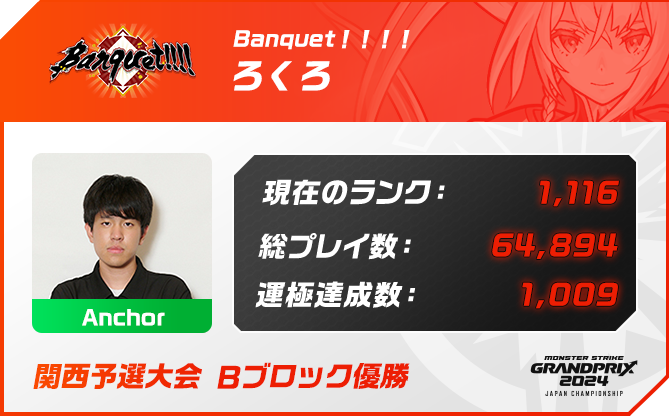 プレイヤー名 ろくろ,ポジション Anchor,現在のランク 1,116,総プレイ数 64,894,運極達成数 1,009