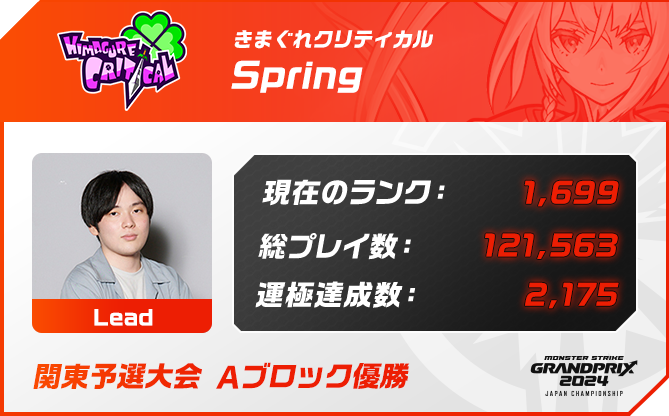 プレイヤー名 Spring, ポジション Lead,現在のランク 1,699,総プレイ数 121,563,運極達成数 2,175