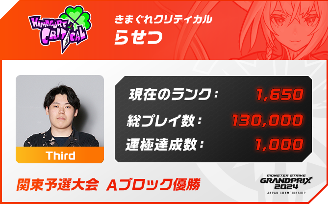 プレイヤー名 らせつ, ポジション Third,現在のランク 1,650,総プレイ数 130,000,運極達成数 1,000