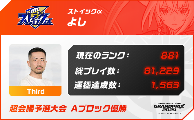 プレイヤー名 よし,ポジション Third,現在のランク 881,総プレイ数 81,229,運極達成数 1,563