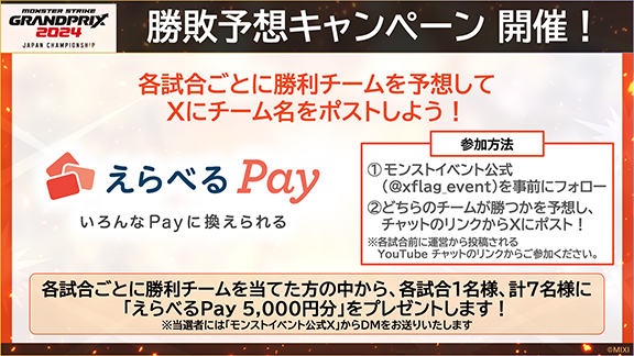 ライブ配信を見ながら勝利チームを予想して、 えらべるPay 5,000円分をGETしよう！7/13（土）、7/14(日)に「勝敗予想キャンペーン 」を実施！