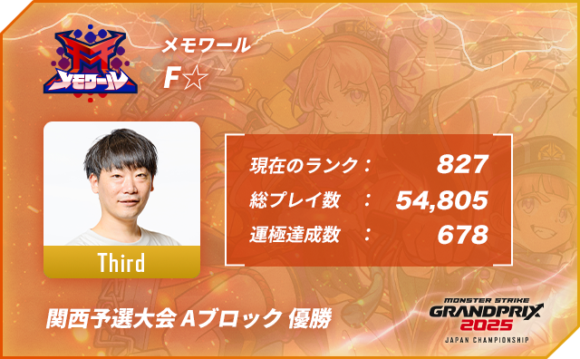 プレイヤー名 F☆,ポジション Third,現在のランク 827,総プレイ数 54,805,運極達成数 678