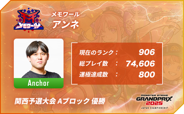 プレイヤー名 アンネ,ポジション Anchor,現在のランク 906,総プレイ数 74,606,運極達成数 800