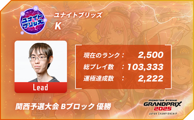 プレイヤー名 K,ポジション Lead,現在のランク 2,500,総プレイ数 103,333,運極達成数 2,222