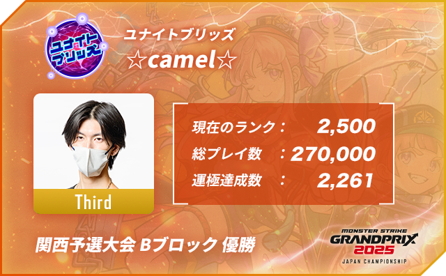 プレイヤー名 ☆camel☆,ポジション Third,現在のランク 2,500,総プレイ数 270,000,運極達成数 2,261