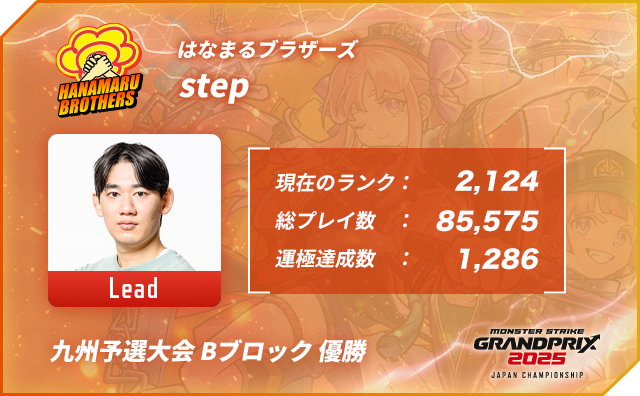 プレイヤー名 step,ポジション Lead,現在のランク 2,124,総プレイ数 85,575,運極達成数 1,286